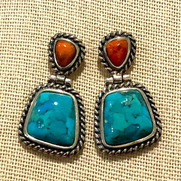 BARSE Sterling Silver Rope Edged Turquoise and Coral Drop Earrings - Picture 8 of 12